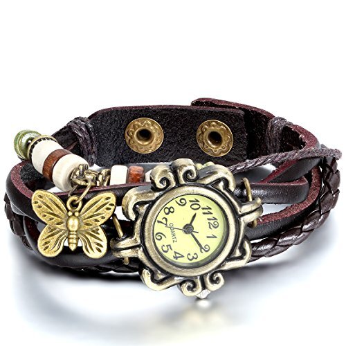 JewelryWe Dameshorloge, retro gevlochten leren armband, armband met vlinderhanger, bruin brons