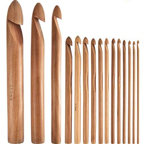Hestya 15 stuks houten bamboe haaknaalden set handgemaakte breinaalden weven garen handwerk, 3 tot 25 mm in diameter