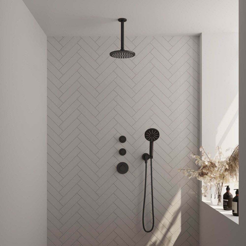 Brauer Black Carving thermostatische inbouw regendoucheset 20cm plafondarm met 20cm ronde hoofddouche 3 standen ronde handdouche Zwart mat 5-S-107