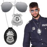 Boland 01417 3-delige set politiebril ketting en badge zilver/zwart uniseks speciale politie commissaris kostuum carnaval themafeest