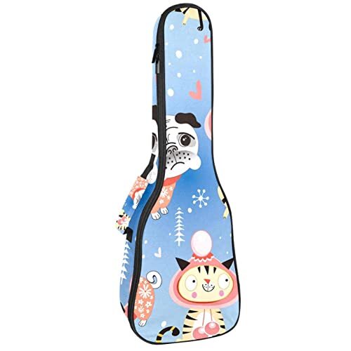 Mersov Tenor Ukulele Gigbag Waterdichte Ukelele Case Gewatteerde Rugzak, Geweldig voor Sopraan Concert (21/23/24") Leuke Cartoon Dierenpog Mopshond met Katten