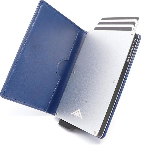 Stealth Wallet RFID Kaart Houder Portemonnee - Slimme Minimalistische Pop Up Portemonnees met Cadeaubox - Slanke Lichte Metalen Creditcardhouders voor Mannen (Zilver Aluminium, Blauw Leer)