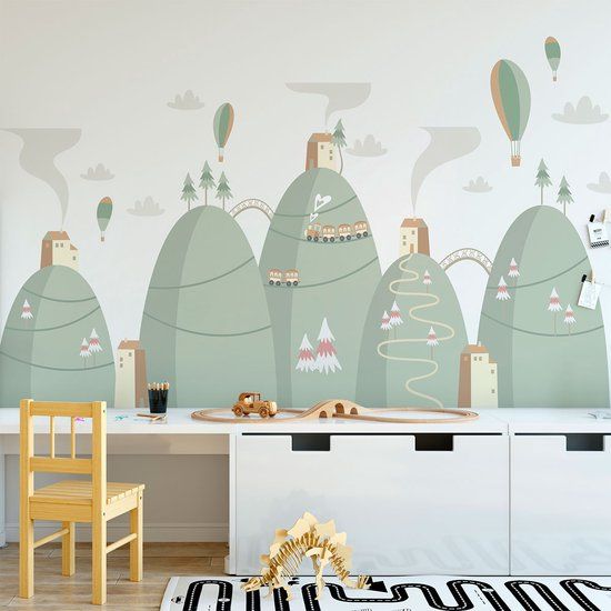 Ambiance Sticker Scandinavische bergstickers met luchtballonnen in de stad, 80 x 120 cm