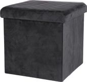 Urban Living Poef - hocker - opbergbox zit krukje - velvet zwart - polyester/mdf - 38 x 38 cm - opvouwbaar