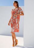 MADELEINE Jurk, Plisseekleid mit Paisley-Muster, Kort, Halve mouw, Klassieke kraag, Bloedoranje / Meerkleurig, Vrouwen, Maat 38