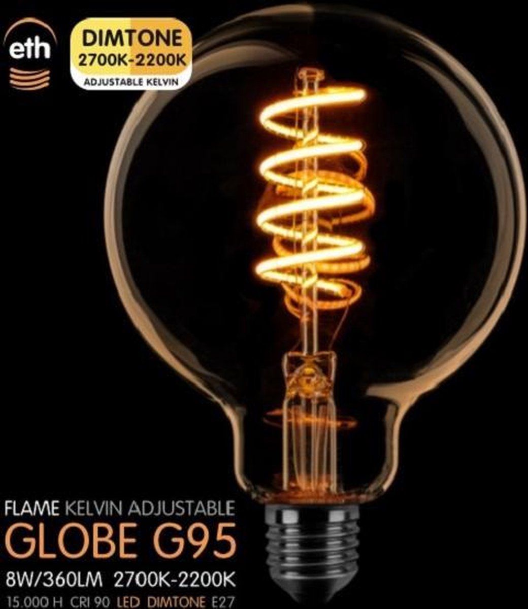 Expo Trading LED Spiraal Globe 95mm E27 8W Dimtone 2700K-2200K Goud