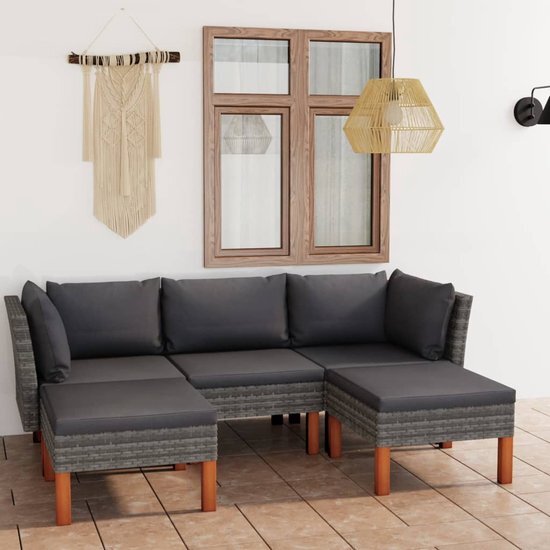 The Living Store Loungeset - Grijs - PE-rattan - gepoedercoat staal en massief eucalyptushout - 5-delige set