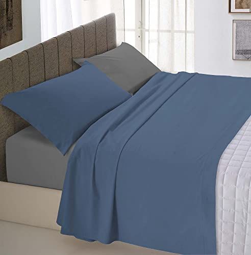 Italian Bed Linen Set - Natural Color (Flat 150x300, Fitted 90x200cm + Pillowcase 52x82cm) - Petrol Green - 100% Cotton - avio/Smoke - ENKEEL