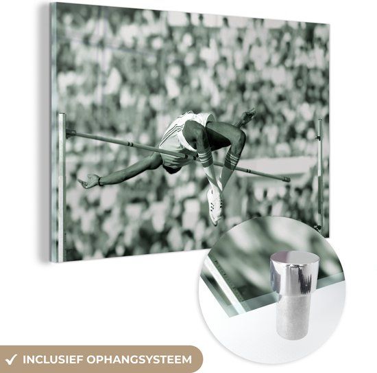 MuchoWow® Glass Painting 150x100 cm - Acrylic Glass Painting - Black and White Photo of a High Jumper - Photo on Glass - Paintings