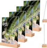 A4 présentoir en acrylique avec pied en bois - Set de 4 - Présentoir publicitaire double face pour menus - Affiches