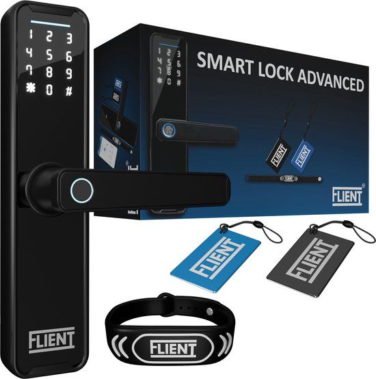 Flient Smart Lock Advanced - Slimme Deurslot - Deurklink met Vingerafdruk - Met Flient APP & WiFi - BlueTooth - Kantoor Slot - Zwart - Anti inbraak