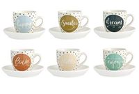 H&H Enjoy Set van 6 koffiekopjes met schoteltjes porselein, veelkleurig, 100 ml