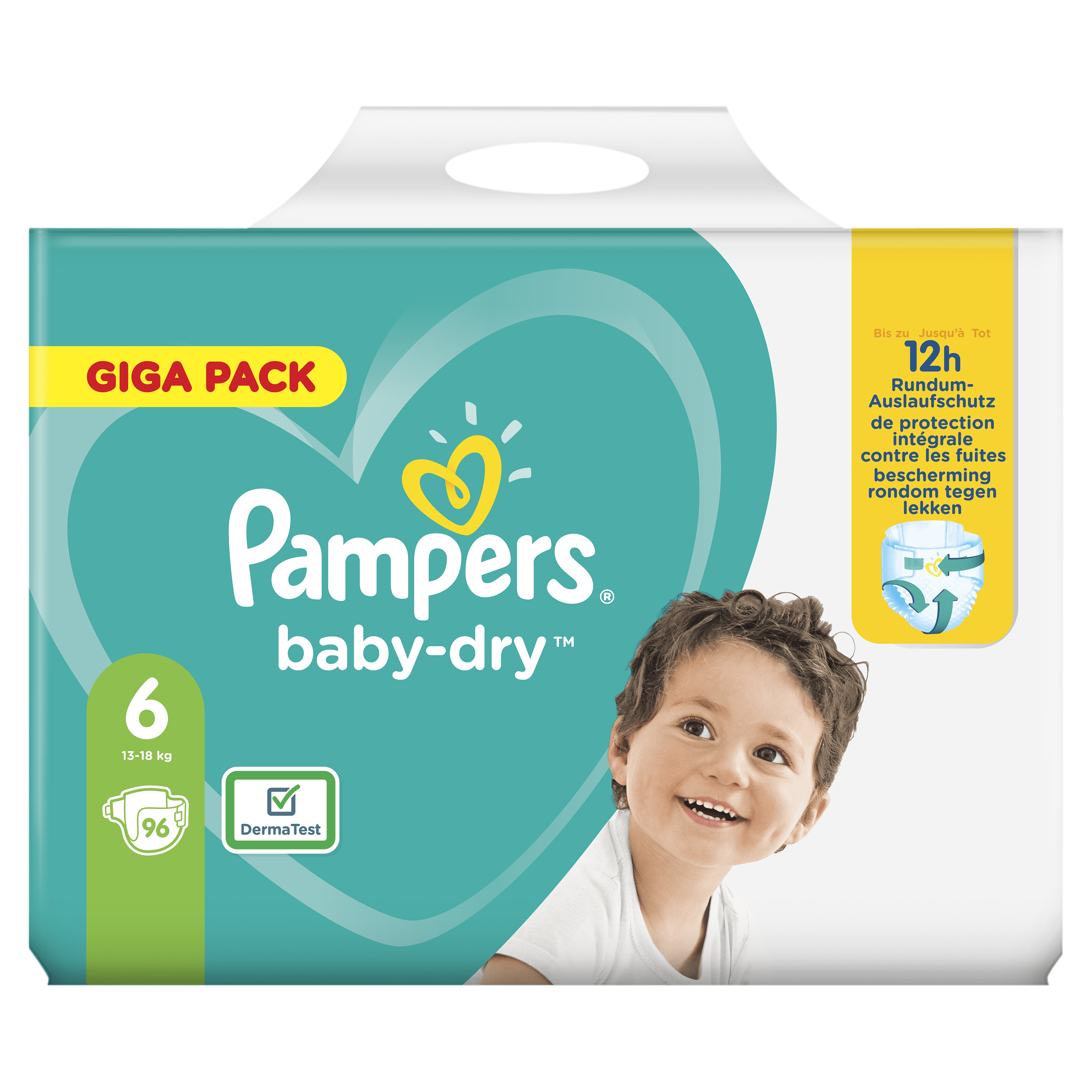 Pampers Baby-Dry Maat 6, 96 Luiers, Tot 12 Uur Bescherming, 13-18kg wit