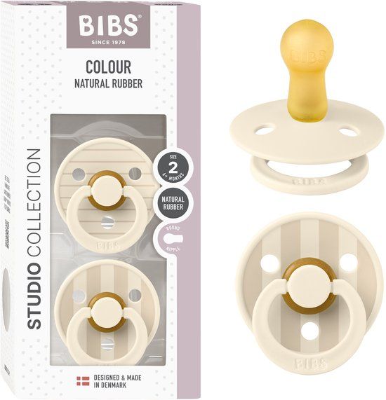 BIBS Colour Studio Speen verpakking van 2 stuks. BPA-vrij, Ronde speen. Natuurlijk rubberlatex, Gemaakt in Denemarken, Maat 2 (6-18 maanden), Pin Ivory Vanilla