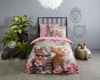 Good Morning dekbedovertrek poesjes met roze bloemen - 1 persoons 140x200/220 cm - Roze - 100% Katoen renforcé