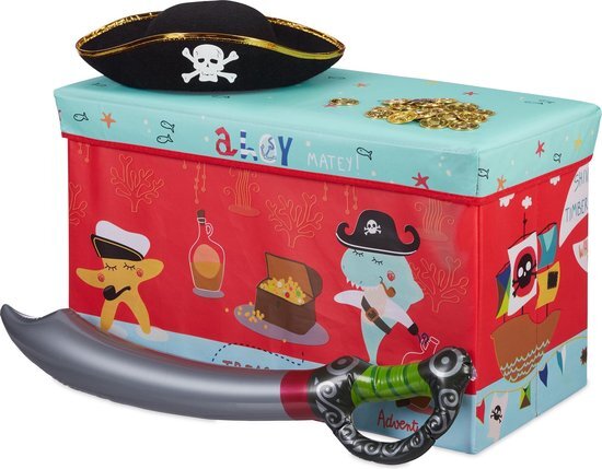 Relaxdays Speelgoedkist - opvouwbare poef - opbergkist speelgoed - opbergruimte - deksel piraat geel, rood, Lichtblauw