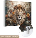 MuchoWow® Glass Painting 80x60 cm - Lion - Flowers - Acrylic Glass