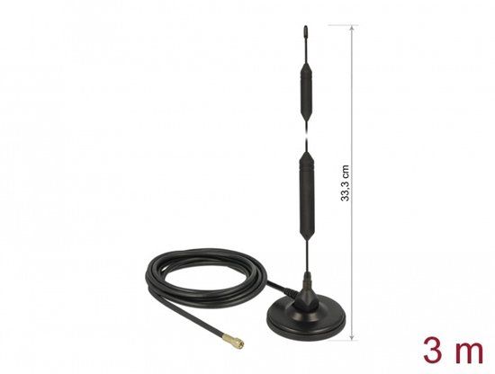 Delock GSM Antenna quadband SMA plug 5 dBi fixed omnidirectional with magnetic base and connection cable RG-58 3 m outdoor black