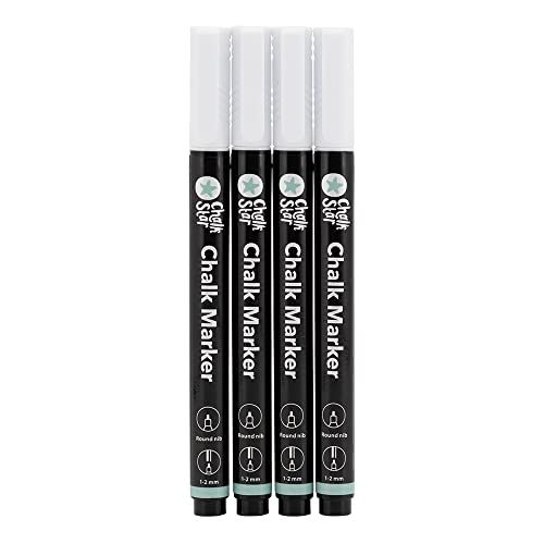 Chalk Star - Set van 4 witte vloeibare krijtstiften voor blackboard, chalkboard, raam of glas - ronde 1-2 mm nibs, hoge kwaliteit - ideale krijtpen voor signs en advertentieven