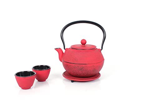 Echtwerk Gietijzeren theeservies, theepot 1,1 l met afneembare zeef, theepot met onderzetter en 2 theekopjes, theepot set in vintage design voor het bereiden van losse thee, rood