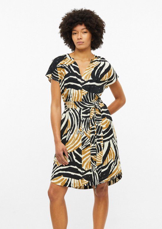 s.Oliver Linnen Jurk Oker Zebraprint A-lijn V-hals Lange Mouw 38