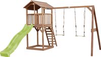 AXI Beach Tower Speeltoestel in Bruin - Speeltoren met Dubbele Schommel, Limoen Groene Glijbaan en Zandbak - FSC hout - Speelhuis op palen voor de tuin