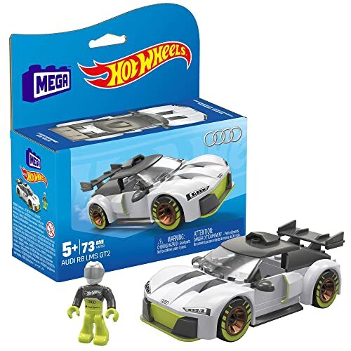 Mega Hot Wheels HKF93 Speelgoedauto bouwset, Audi R8 LMS GT2 met 73 delen en 1 micro-actiefiguur bestuurder, wit, cadeau-ideeën voor kinderen vanaf 5 jaar