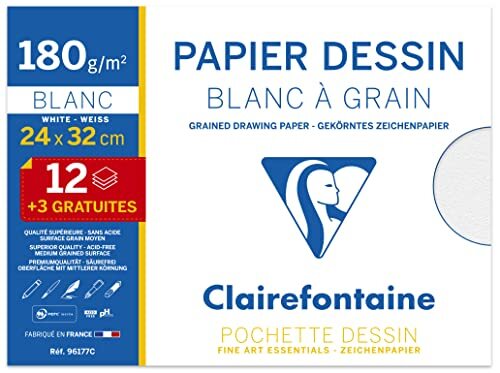 Clairefontaine 96177C – tekenmap voor school – 15 vellen (12 + 3 gratis inbegrepen), wit tekenpapier, 24 x 32 cm, 180 g – ideaal voor kunstwerken