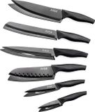 Axer Zwarte Messenset met schede - 6 roestvrijstalen keukenmessen met antikleeflaag, ultrascherp lemmet en zachte handgreep - inclusief kokssnijmes, Santoku keukenmes, panneermes en broodmes