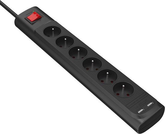 Monster 6-polige AC stekkerdoos met 2 USB-A poorten, Zwart
