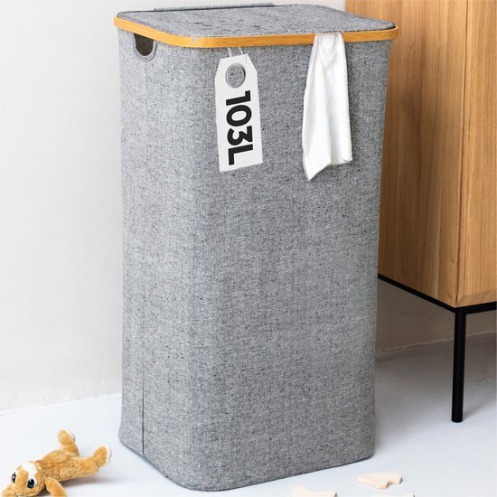 Gadgy Wasmand met Deksel – Opvouwbaar - 103 liter - Met uitneembare waszak - Wasbox van stof met bamboe rand- Waterafstotend