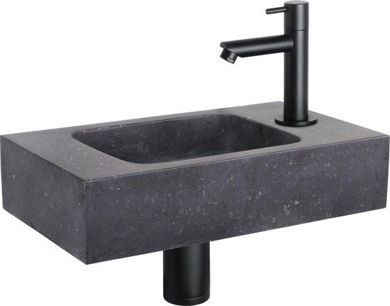 Differnz Fonteinset Natuursteen Bombai Black - Antraciet - Rechte Kraan - Mat Zwart - 40x22x9cm