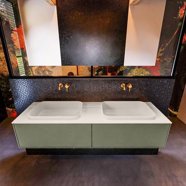 Mondiaz ERIN 150cm badmeubelset onderkast Army met 2 lades + Wastafel RIDGE dubbel Linen