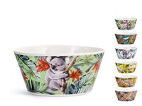 H&H Exotische set van 6 Bolo, ontbijtmokken uit New Bone China, verschillende decoraties, dieren en natuur, kleurrijk, 14 cm, meerkleurig