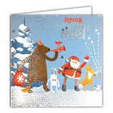 Afie 23012 vierkante kaart, zilver, glanzend, kerstman, vrolijke dieren, beer, konijn, vos, vogels, dennenfeest, kerstfeest, met witte envelop