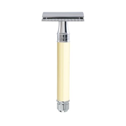 Edwin Jagger DE87BLAMZ Klassiek dubbelzijdige manuele, milieuvriendelijke en herbruikbare Safety Razor voor mannen en vrouwen voor scheercrème of zeep, past op alle DE scheermesjes (imitatie ivoor)
