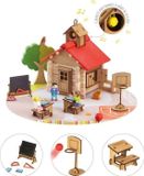 JEUJURA Bauspeelgoed: Dorpschool, 125 onderdelen, bois, tapis de jeu inclus, pour enfants à partir de 5 ans, dimensions : 32 x 27 x 11 cm