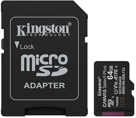 Kingston Technology 64GB microSDXC Canvas Select Plus Gen3 100MB/s A1 kaart + adapter