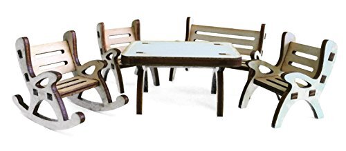 Petra's Bastel News Petra's Knutsel-News 5-delige tafelgroep, bestaande tafel, tuinbank, 1 x schommelstoel en 2 stoelen van hout, ca. 4 cm