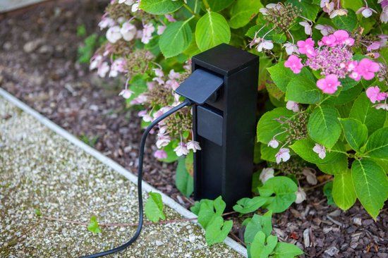 LUTEC Mains - Buitenstopcontact op Zuil met Zijaarding - 2 Kleppen - Aluminium - Zwart