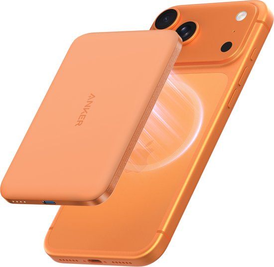 Anker Nano powerbank - dunne magnetische batterij van 5000mAh - Qi2 gecertificeerde supersnelle draagbare oplader van maximaal 15W, compatibel met MagSafe, ergonomisch ontwerp, alleen voor iPhone 17/16/15/14/13/12 - Oranje
