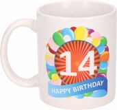 Bellatio Decorations Shoppartners Bv 14 jaar Verjaardag koffiemok - cadeau beker - feestelijke ballonnen print - 300 ml - keramiek - wit