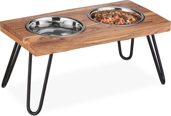 Relaxdays hondenvoerbak op standaard - 1200 ml - dubbel - rvs - acaciahout - 23 x 49,5 x 25 cm