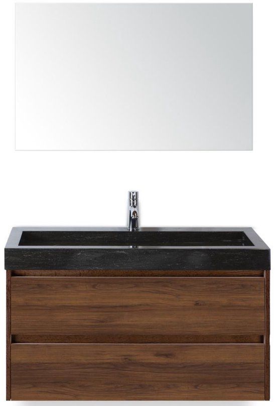 BES LED Dante Badmeubelset 100 cm - Walnoot - Wastafel Hardsteen Wit Lucca met Spiegel