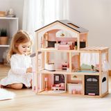 Maison de poupées en bois avec meubles, ascenseur, garage, piscine, noir