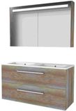 Basic-Line Premium 46 Badkamermeubelset - 120 x 46 cm - Met Grepen - 2 Lades - Keramische Wastafel - 2 Kraangaten - Spiegelkast met LED Verlichting - Scotch Oak