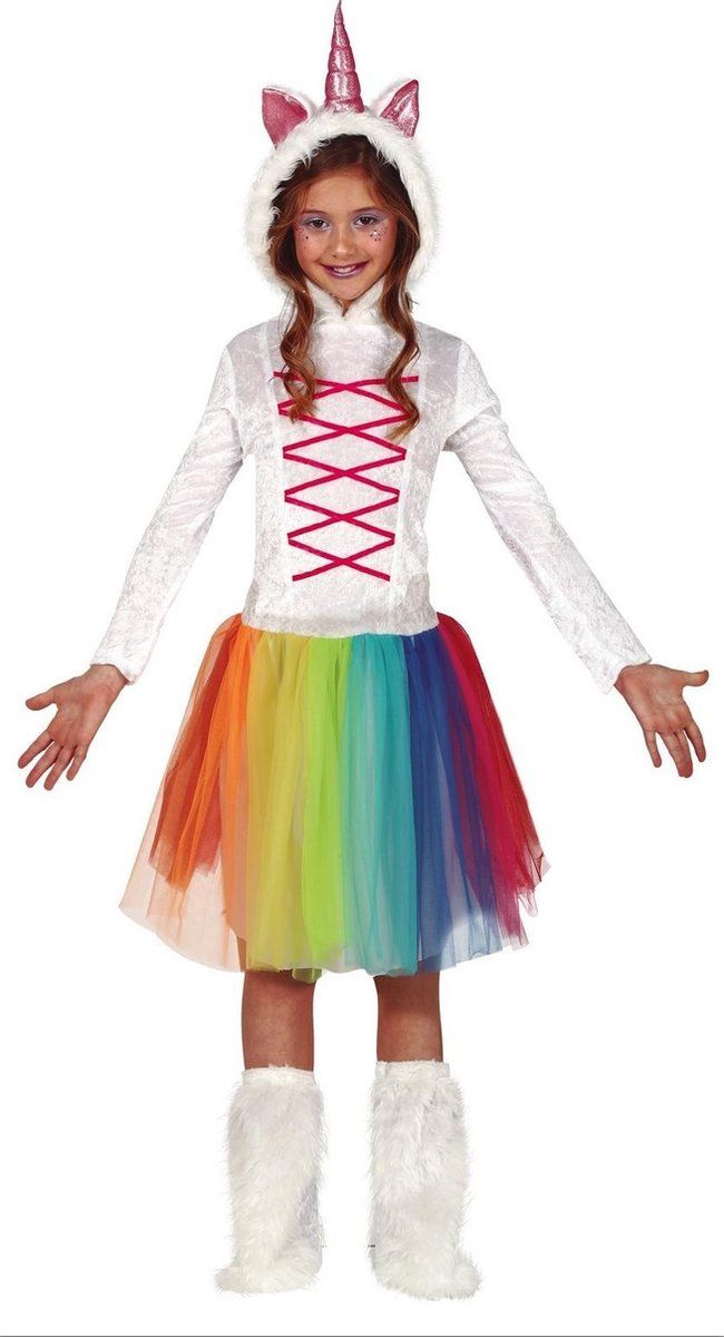 Eenhoorn dieren jurkje wit met regenboog voor meisjes - Carnavaloutfits/verkleedkleding voor meisjes 10-12 jaar (140-152)