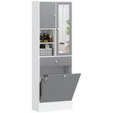 HOMCOM Meuble de salle de bain avec panier à linge et miroir | Armoire de rangement, armoires de porte, 2 compartiments ouverts, tiroir, étagère réglable, 62 x 28,3 x 181 cm, gris et blanc