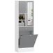 HOMCOM Meuble de salle de bain avec panier à linge et miroir | Armoire de rangement, armoires de porte, 2 compartiments ouverts, tiroir, étagère réglable, 62 x 28,3 x 181 cm, gris et blanc