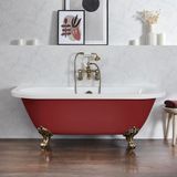 Richmond Baignoire îlot rétro à poser au mur – 168,5 cm x 78 cm – Rouge (Saffron Red) - Pieds or brossé